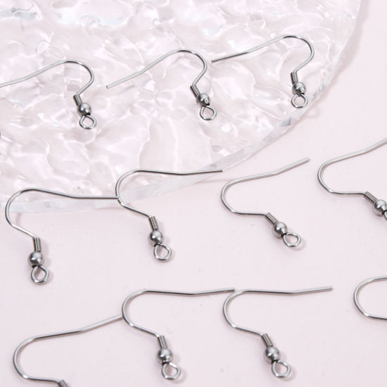 Picture of 40 PCs 304 Stainless Steel Ear Wire Hooks Earrings For DIY Jewelry Making Accessories Silver Tone With Loop 22mm x 21mm