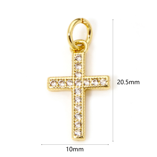 Image de 1 Pièce Breloques Religieux en Laiton Respectueux de la Nature Croix Plaqué Or Véritable 18K Micro Pave à Zircone Cubique Clair 20.5mm x 10mm