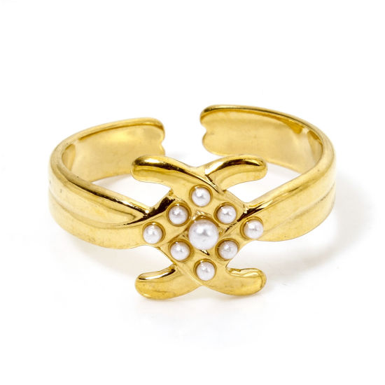 Image de 1 Pièce Bagues Ouvert Exquis en 304 Acier Inoxydable Revêtement sous Vide PVD Respectueux de l'Environnement Élégant Plaqué Or 18K Perle Imitation Acrylique Pour Femmes Cadeau 17.3mm (Taille d'US: 7)