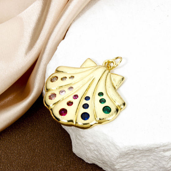 Image de 1 Pièce Breloques en Laiton Respectueux de la Nature Coquille Plaqué Or Véritable 18K à Zircone Cubique Multicolore 4.7cm x 4cm