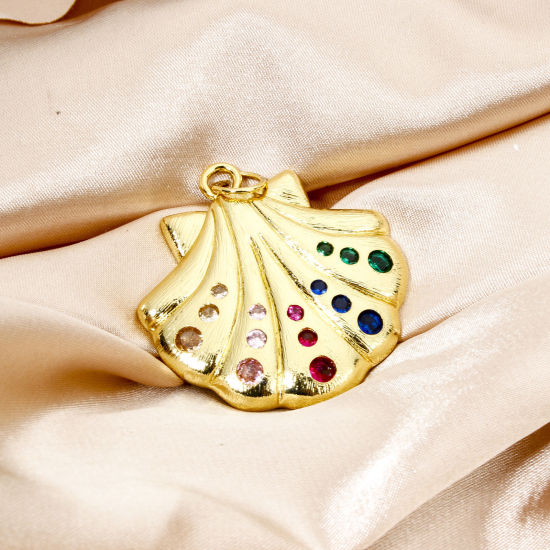 Image de 1 Pièce Breloques en Laiton Respectueux de la Nature Coquille Plaqué Or Véritable 18K à Zircone Cubique Multicolore 4.7cm x 4cm
