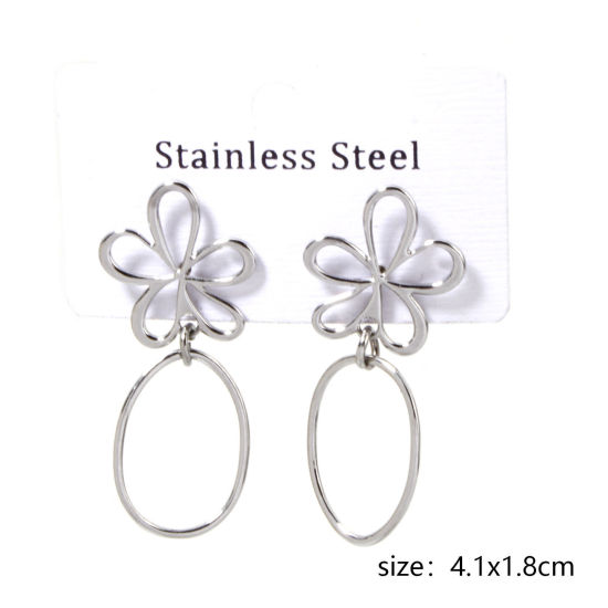 1 ペア 304ステンレス鋼 ビーズイヤリング シルバートーン フラワー 楕円形 4.1cm x 1.8cm、 ワイヤーサイズ: （21号）、 の画像