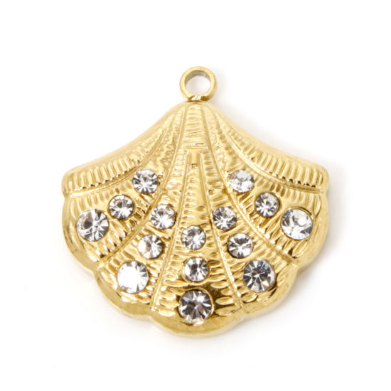 Picture of 2 PCs Eco-friendly PVD Vacuum Plating Waterproof Anti-Tarnish Hypoallergenic 304 Stainless Steel Ocean Jewelry Charms 18K Real Gold Plated Shell Clear Cubic Zirconia 17.5mm x 17mm