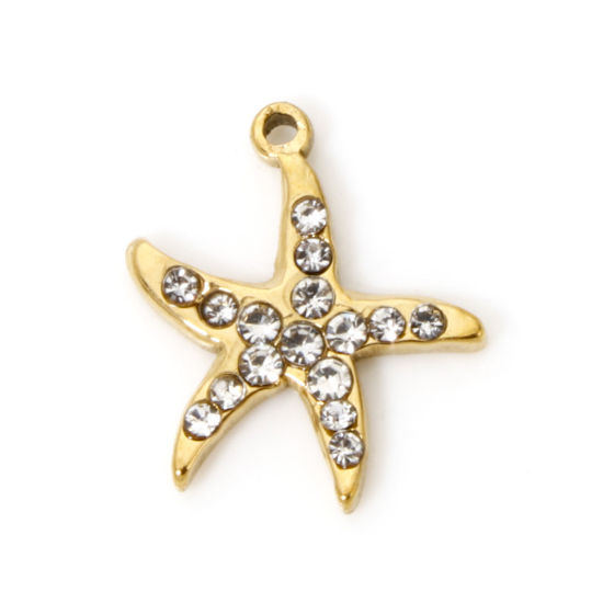 Picture of 2 PCs Eco-friendly PVD Vacuum Plating Waterproof Anti-Tarnish Hypoallergenic 304 Stainless Steel Ocean Jewelry Charms 18K Real Gold Plated Starfish Clear Cubic Zirconia 13mm x 12mm
