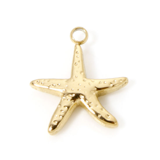 Picture of 2 PCs Eco-friendly PVD Vacuum Plating Waterproof Anti-Tarnish Hypoallergenic 304 Stainless Steel Ocean Jewelry Charms 18K Real Gold Plated Starfish 14mm x 13mm
