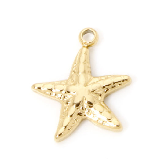 Picture of 2 PCs Eco-friendly PVD Vacuum Plating Waterproof Anti-Tarnish Hypoallergenic 304 Stainless Steel Ocean Jewelry Charms 18K Real Gold Plated Starfish 13mm x 12mm