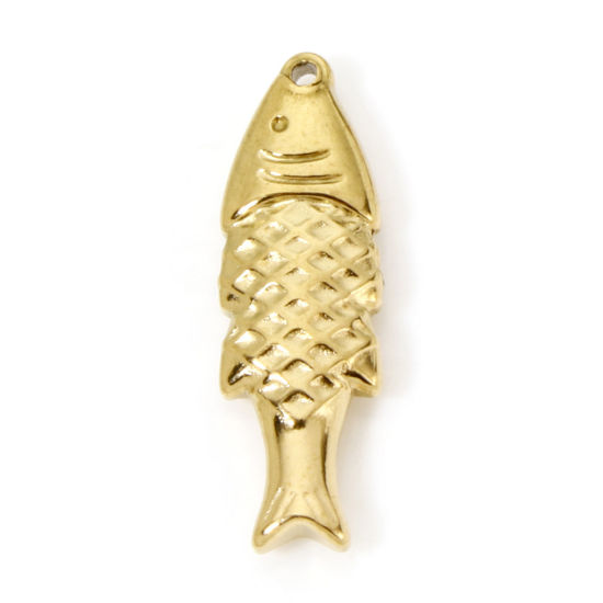 Picture of 2 PCs Eco-friendly PVD Vacuum Plating Waterproof Anti-Tarnish Hypoallergenic 304 Stainless Steel Ocean Jewelry Charms 18K Real Gold Plated Fish Animal 24mm x 8mm