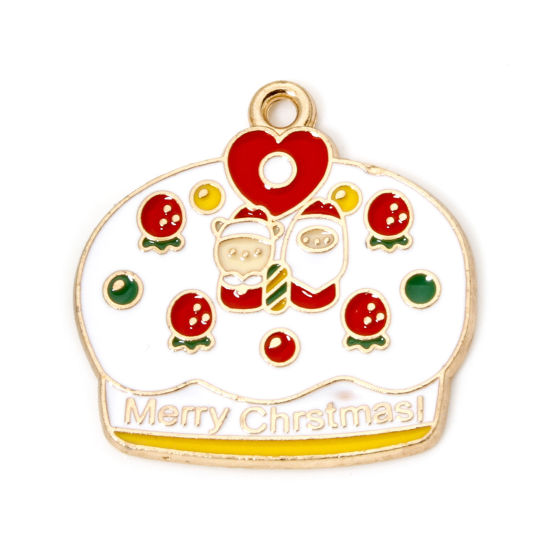 20 個 亜鉛合金 クリスマス チャーム 金メッキ 多色 ケーキ 文字「 Merry Christmas」 エナメル 23mm x 23mm、 の画像