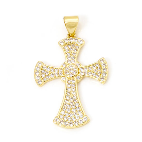 Image de 1 Pièce Pendentifs Religieux en Laiton Respectueux de la Nature Croix Plaqué Or Véritable 18K Micro Pave à Zircone Cubique Clair 3.2cm x 2cm