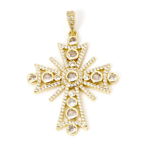 Image de 1 Pièce Pendentifs Religieux en Laiton Respectueux de la Nature Croix Plaqué Or Véritable 18K Micro Pave à Zircone Cubique Clair 5cm x 3.4cm
