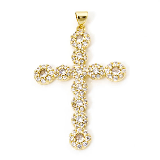 Image de 1 Pièce Pendentifs Religieux en Laiton Respectueux de la Nature Croix Plaqué Or Véritable 18K Micro Pave à Zircone Cubique Clair 4.7cm x 3cm