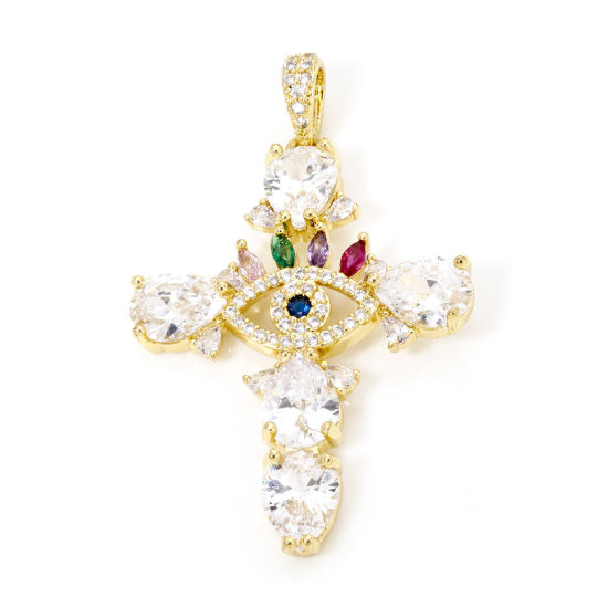 Image de 1 Pièce Pendentifs Religieux en Laiton Respectueux de la Nature Croix Plaqué Or Véritable 18K Yeux à Zircone Cubique Multicolore 5.1cm x 3.2cm