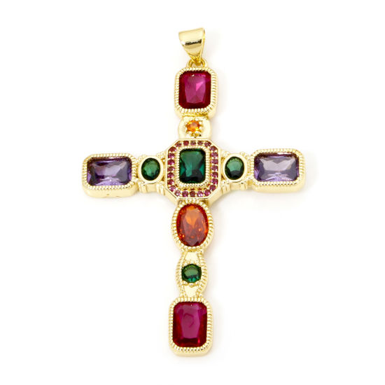 Image de 1 Pièce Pendentifs Religieux en Laiton Respectueux de la Nature Croix Plaqué Or Véritable 18K à Zircone Cubique Multicolore 5.4cm x 3.4cm