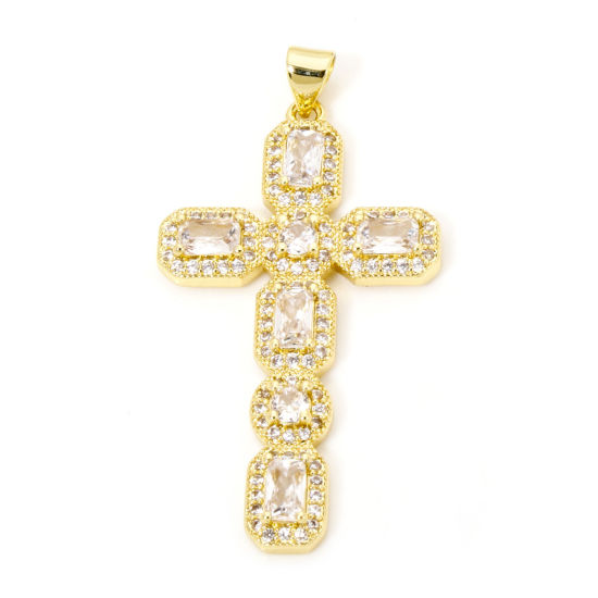 Image de 1 Pièce Pendentifs Religieux en Laiton Respectueux de la Nature Croix Plaqué Or Véritable 18K Micro Pave à Zircone Cubique Clair 4.5cm x 2.4cm