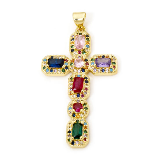 Image de 1 Pièce Pendentifs Religieux en Laiton Respectueux de la Nature Croix Plaqué Or Véritable 18K Micro Pave à Zircone Cubique Multicolore 4.5cm x 2.4cm