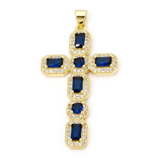 Image de 1 Pièce Pendentifs Religieux en Laiton Respectueux de la Nature Croix Plaqué Or Véritable 18K Micro Pave à Zircone Cubique Clair & Bleu 4.5cm x 2.4cm