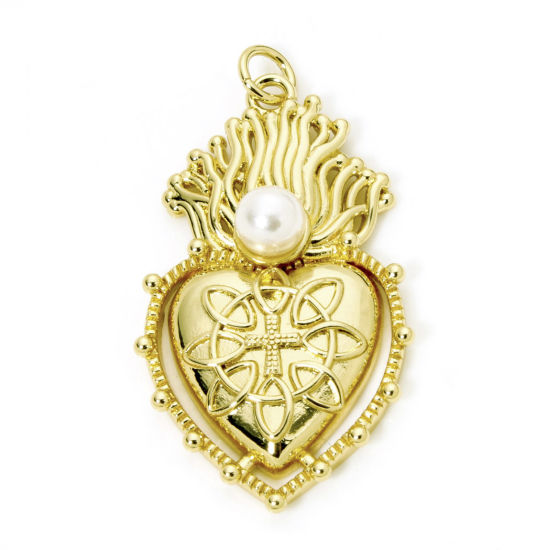Image de 1 Pièce Pendentifs Religieux en Laiton Respectueux de la Nature Coeur de Ex-Voto Plaqué Or Véritable 18K Perle Imitation Acrylique 3.6cm x 1.9cm