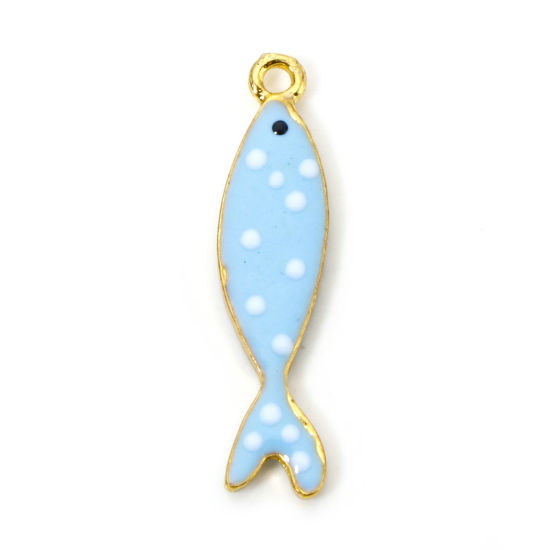 Picture of 5 PCs Zinc Based Alloy Enamelled Sequins Charms Gold Plated Blue Fish Animal Dot Enamel 26mm x 6mm
