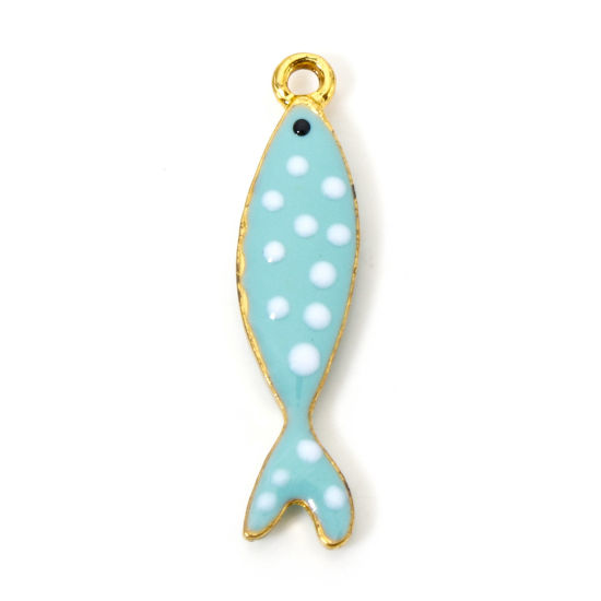 Picture of 5 PCs Zinc Based Alloy Enamelled Sequins Charms Gold Plated Green Fish Animal Dot Enamel 26mm x 6mm