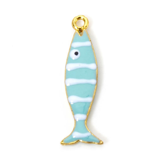 Picture of 5 PCs Zinc Based Alloy Enamelled Sequins Charms Gold Plated Green Fish Animal Stripe Enamel 26mm x 8mm
