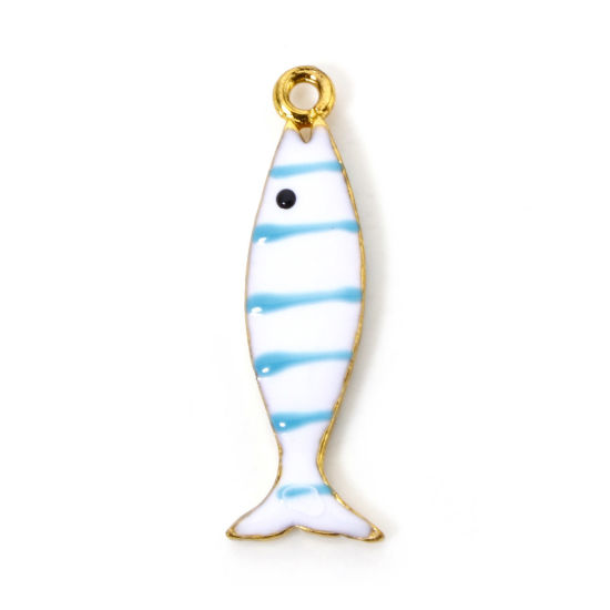Picture of 5 PCs Zinc Based Alloy Enamelled Sequins Charms Gold Plated White Fish Animal Stripe Enamel 26mm x 8mm
