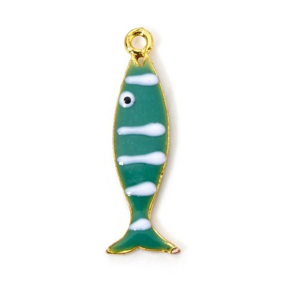 Picture of 5 PCs Zinc Based Alloy Enamelled Sequins Charms Gold Plated Green Fish Animal Stripe Enamel 26mm x 8mm