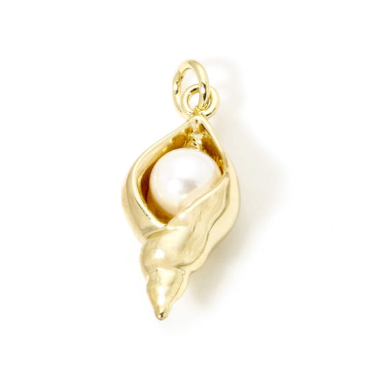 Image de 1 Pièce Breloques en Laiton Respectueux de la Nature Escargot de Mer Plaqué Or Véritable 18K Perle Imitation Acrylique 25mm x 10mm