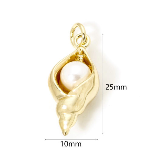 Image de 1 Pièce Breloques en Laiton Respectueux de la Nature Escargot de Mer Plaqué Or Véritable 18K Perle Imitation Acrylique 25mm x 10mm