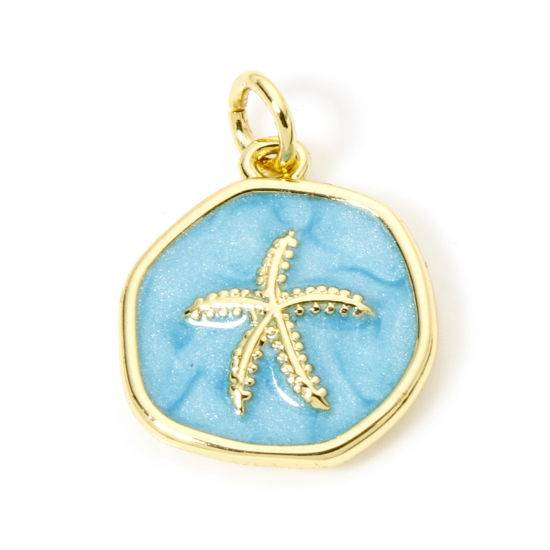 Picture of 1 Piece Eco-friendly Brass Ocean Jewelry Disc Charms 18K Real Gold Plated Blue Pearlized Irregular Starfish Enamel 20mm x 15mm