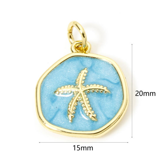 Picture of 1 Piece Eco-friendly Brass Ocean Jewelry Disc Charms 18K Real Gold Plated Blue Pearlized Irregular Starfish Enamel 20mm x 15mm