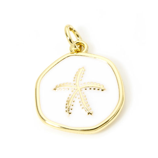 Picture of 1 Piece Eco-friendly Brass Ocean Jewelry Disc Charms 18K Real Gold Plated White Irregular Starfish Enamel 20mm x 15mm