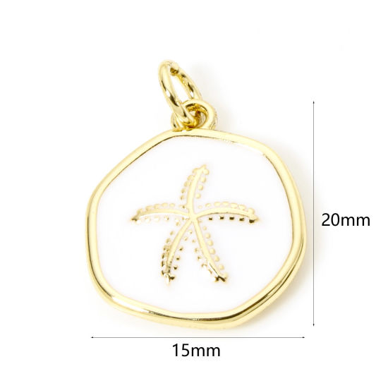 Picture of 1 Piece Eco-friendly Brass Ocean Jewelry Disc Charms 18K Real Gold Plated White Irregular Starfish Enamel 20mm x 15mm