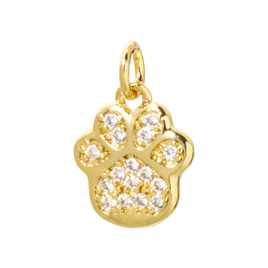 Picture of 2 PCs Brass Pet Memorial Charms 18K Real Gold Plated Dog Paw Claw Micro Pave Clear Cubic Zirconia 16mm x 11mm