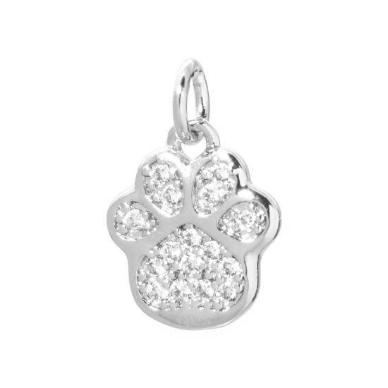 Picture of 2 PCs Brass Pet Memorial Charms Real Platinum Plated Dog Paw Claw Micro Pave Clear Cubic Zirconia 16mm x 11mm