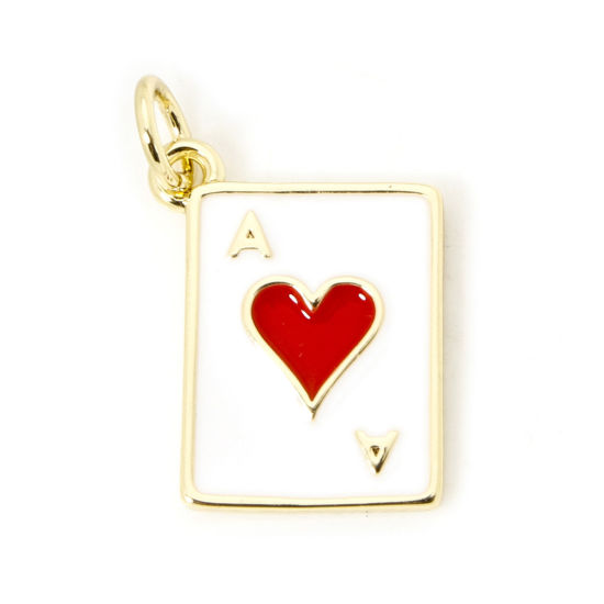 Picture of 1 Piece Eco-friendly Brass Poker/ Paper Card/ Game Card Charms 18K Real Gold Plated White & Red Ace Of Hearts Enamel 19mm x 12mm
