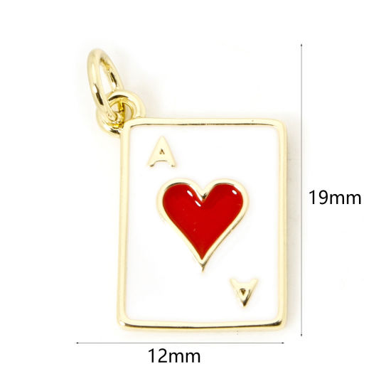 Picture of 1 Piece Eco-friendly Brass Poker/ Paper Card/ Game Card Charms 18K Real Gold Plated White & Red Ace Of Hearts Enamel 19mm x 12mm
