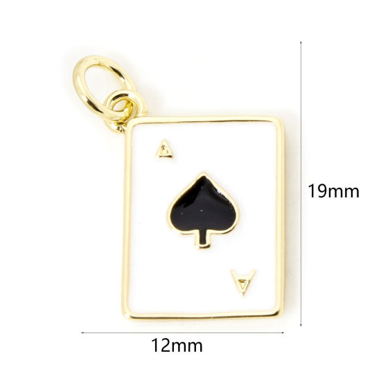 Picture of 1 Piece Eco-friendly Brass Poker/ Paper Card/ Game Card Charms 18K Real Gold Plated Black & White Ace Of Spades Enamel 19mm x 12mm