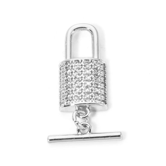 Image de 1 Kit Fermoir Toggle en Laiton Serrure Plaqué Platine Véritable Micro Pave 21x10mm 14.5x4mm