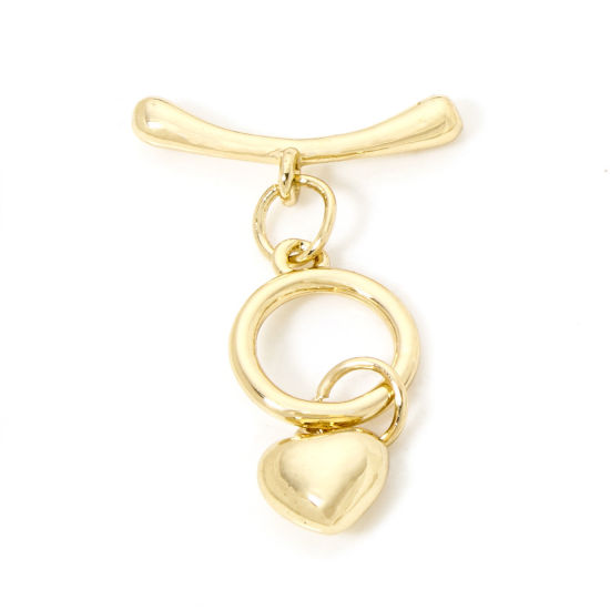 Image de 2 Kits Fermoir Toggle en Laiton Disque Rond Cœur Plaqué Or Véritable 18K 23x11mm 19x7mm