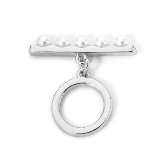 Image de 2 Kits Fermoir Toggle en Laiton Disque Rond Plaqué Platine Véritable Perle Imitation Acrylique 22x6mm 14.5x12mm