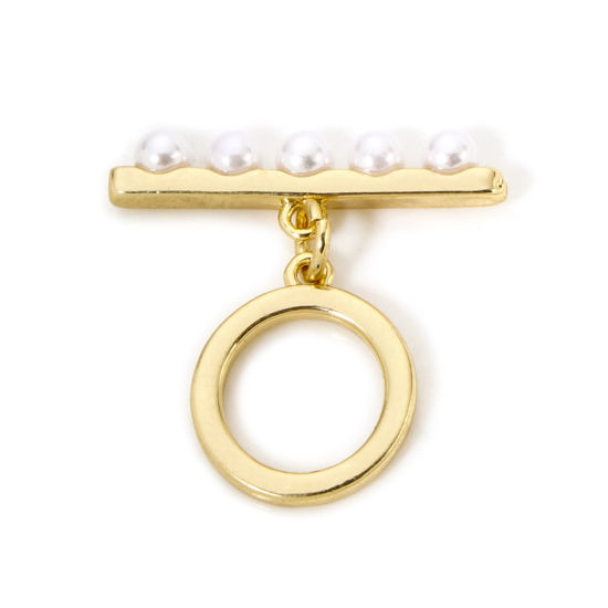 Image de 2 Kits Fermoir Toggle en Laiton Disque Rond Plaqué Or Véritable 18K Perle Imitation Acrylique 22x6mm 14.5x12mm