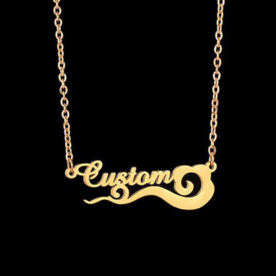 Picture of 1 Piece 304 Stainless Steel Customized Name Necklace Personalized Letter Charm Pendant Flower Vine Gold Plated 45cm(17.7") long