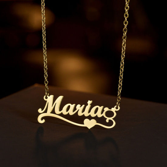 Picture of 1 Piece 304 Stainless Steel Customized Name Necklace Personalized Letter Charm Pendant Flower Vine Gold Plated 45cm(17.7") long