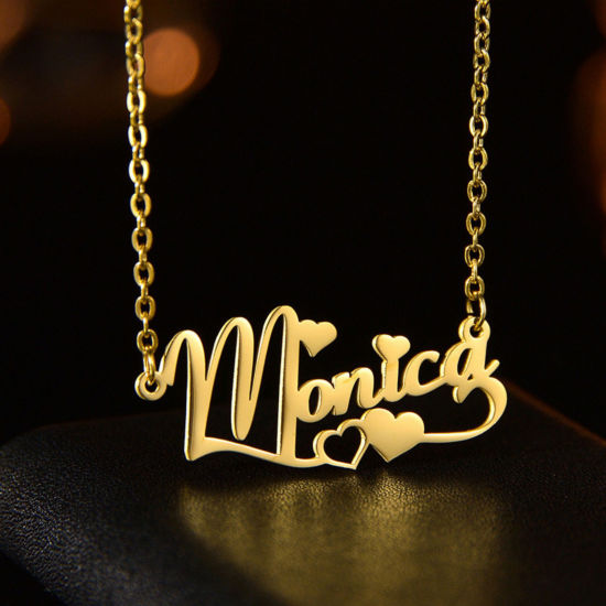 Picture of 1 Piece 304 Stainless Steel Customized Name Necklace Personalized Letter Charm Pendant Flower Vine Gold Plated 45cm(17.7") long