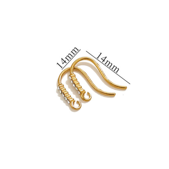 Picture of 4 PCs Vacuum Plating 304 Stainless Steel Ear Wire Hooks Earrings For DIY Jewelry Making Accessories 18K Gold Plated Clear Rhinestone With Loop 13mm x 1.5mm, Post/ Wire Size: (20 gauge)