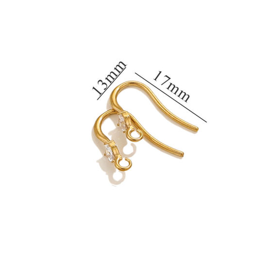 Picture of 4 PCs Vacuum Plating 304 Stainless Steel Ear Wire Hooks Earrings For DIY Jewelry Making Accessories 18K Gold Plated Clear Rhinestone With Loop 14mm x 3.5mm, Post/ Wire Size: (20 gauge)