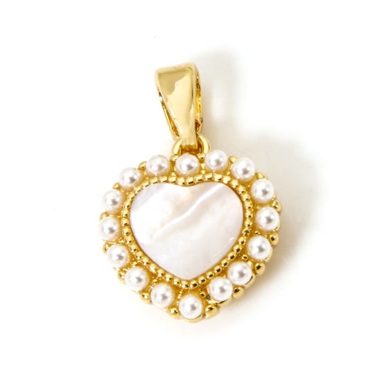 Imagen de 2 Unidades Concha Naturales & Latón día de San Valentín Colgantes Charms 18K Oro Real Chapado Corazón Acrílico Imitación de Perla 17mm x 11.5mm