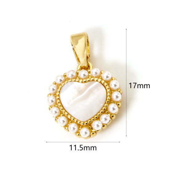 Imagen de 2 Unidades Concha Naturales & Latón día de San Valentín Colgantes Charms 18K Oro Real Chapado Corazón Acrílico Imitación de Perla 17mm x 11.5mm