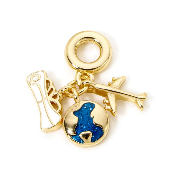 Picture of 1 Piece Brass Travel Dangle Charm Beads For Bracelet Necklace Jewelry Making 18K Real Gold Plated Planet Earth Airplane Enamel 28mm