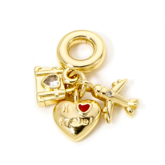 Picture of 1 Piece Brass Travel Dangle Charm Beads For Bracelet Necklace Jewelry Making 18K Real Gold Plated Airplane Heart Enamel Clear Rhinestone 26mm